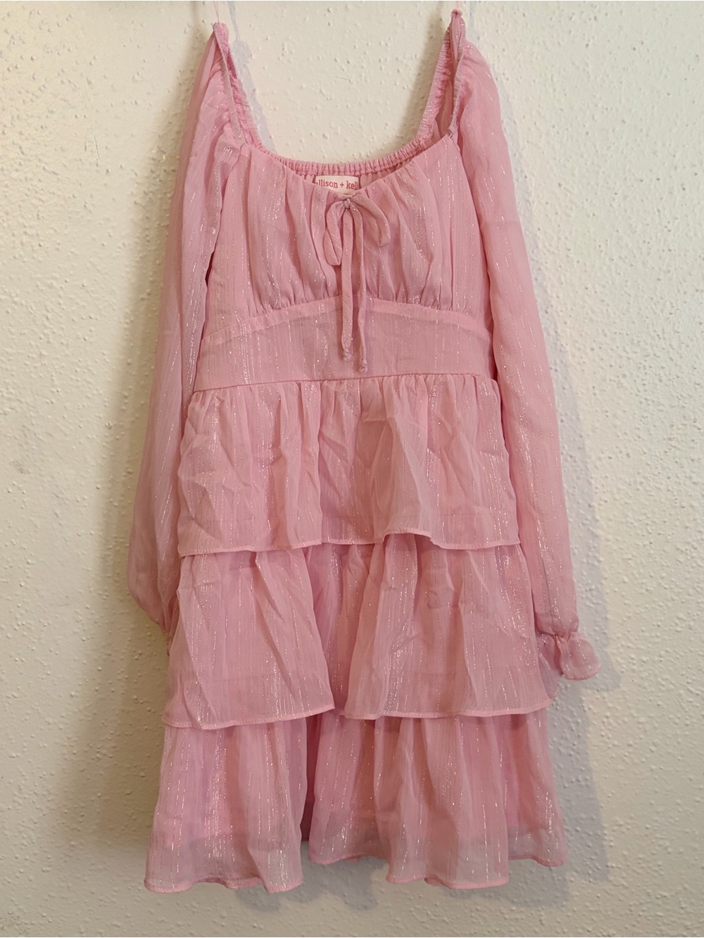 Allison + Kelly Girls Pink Shimmer Long-Sleeve Tiered Party Dress Sz Girls 8